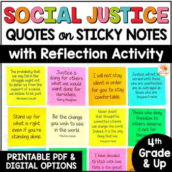 Preview of Social Justice Quotes on Sticky Notes Reflection Activity and Worksheets