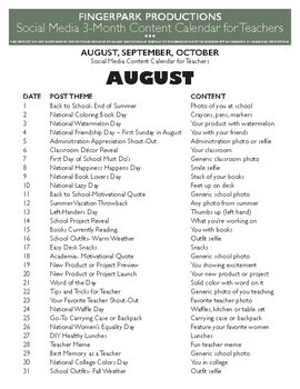 Social Media 3-Month Content Calendar for Teachers by FingerPark ...