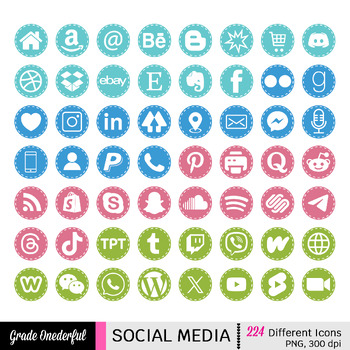 Preview of 224 Social Media Icons: Blue, Aqua, Coral, Green