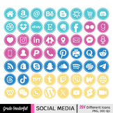 Social Media Icons: Round Blog Buttons, Pink Aqua Gold Blue