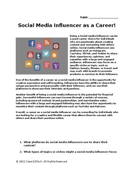 Preview of Social Media Influencer Career Worksheet!