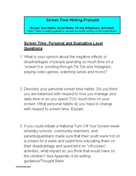 Preview of Social Media Lesson Plan: Screen Time Journal Writes / Discussion Topics