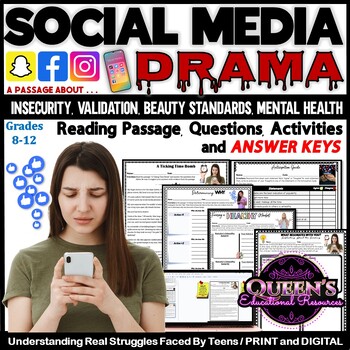 Preview of Social Media Reading Passage and Activities, Insecurity, Mental Health, Beauty