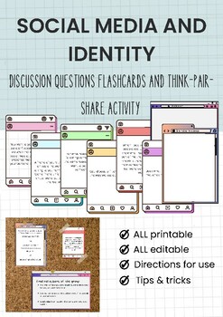 Preview of Social Media and Identity Discussion FLASHCARDS and THINK-PAIR-SHARE Activity