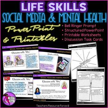Preview of Social Media and Mental Health SEL (PowerPoint, Printables & Discussion Cards)