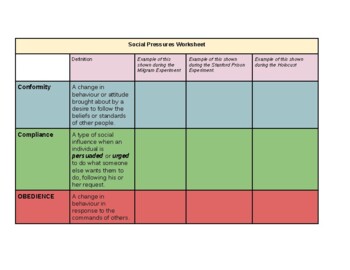 Preview of Social Pressures Work Sheet