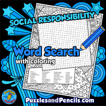 Preview of Social Responsibility Word Search Puzzle Activity & Coloring | Social Conscience