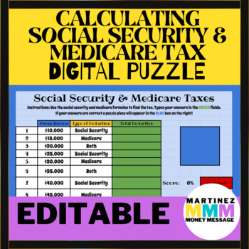 Preview of Social Security & Medicare Tax Editable Digital Math Self Grading Puzzle + Print