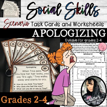 Preview of Social Skills Apologizing Scenario Task Cards and Worksheets (Grades 2-4)
