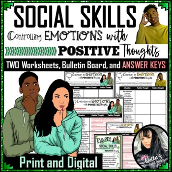 Preview of Social Skills - Controlling Emotions w/ Positive Thoughts Worksheets and KEY