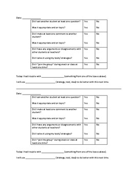 Preview of Social Skills Rubric: In Class Self- Reflection