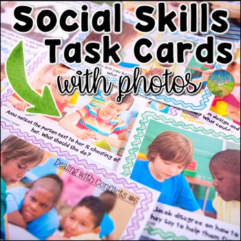 Preview of Social Skills Task Cards with Real Photos - Scenarios and Activities