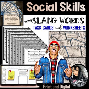 Preview of Social Skills Task Cards and Worksheets using SLANG WORDS (Print and Digital)