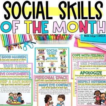 Preview of Social Skills of the Month Posters, Certificates, & Coloring Book Counseling SEL