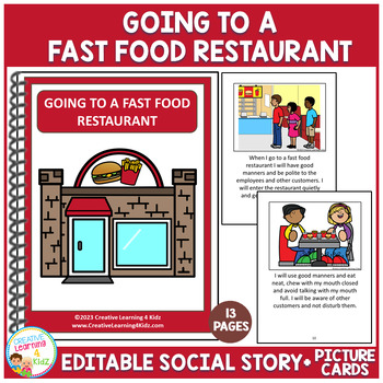 Preview of Social Story Going to a Fast Food Restaurant (Editable) Book Autism PCS
