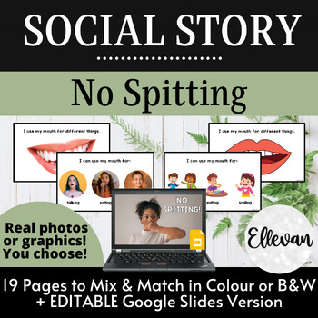 Preview of Social Story: No Spitting Behavior Book | Editable Slides | Real Photos | SEL