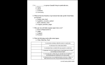 Preview of Social Studies Branches of Government & Types of Community Quiz