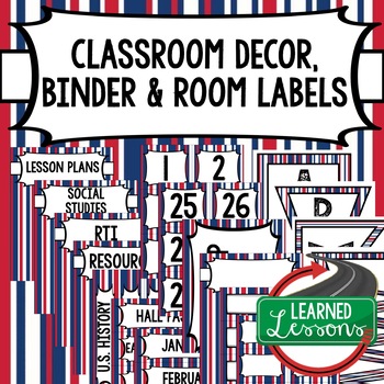 Preview of SECONDARY CLASSROOM DECOR, BINDER LABELS, Patriotic Stripes