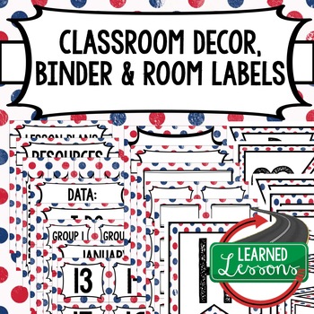 Preview of SECONDARY CLASSROOM DECOR, BINDER LABELS, Patriotic Dots, Red, White, Blue