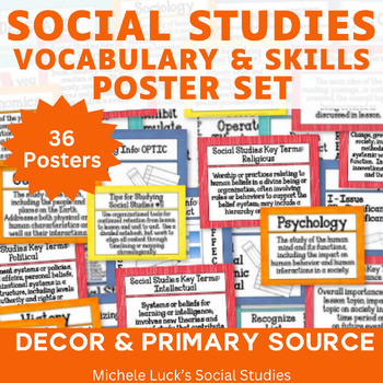 Social Studies Classroom Posters for Bulletin Board Word Wall Set w/B&W version