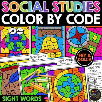 Preview of Social Studies Color by Code Coloring Page Activity | High Frequency Words | Map