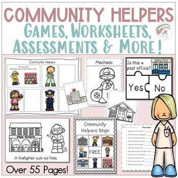 Preview of Community Helpers Activities Bundle | Asessments, Worksheets, Games | 55 Pages |