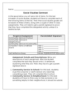 Preview of Social Studies Community Service Contract and BINGO