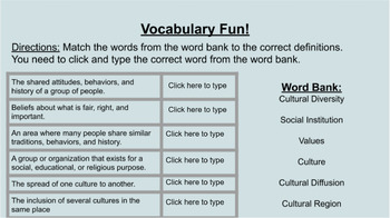 Preview of Social Studies Culture Vocabulary Activity