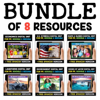 Preview of Social Studies Activities for Google and Seesaw Bundle + FREE Spanish
