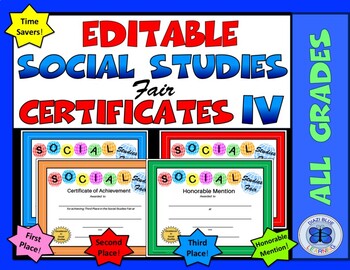 Preview of Social Studies Fair Certificates IV - Editable