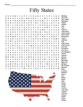 Preview of Social Studies Fifty States Word Search Puzzle Worksheet Sub Plan