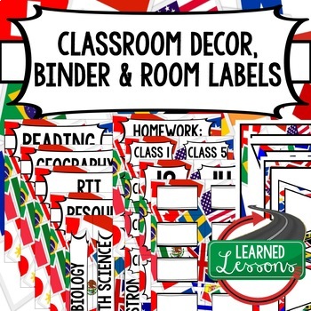 Preview of SECONDARY CLASSROOM DECOR, BINDER LABELS, ALL SUBJECTS, World Flags