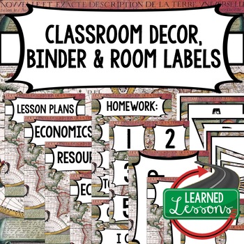 Preview of SECONDARY CLASSROOM DECOR, BINDER LABELS, World Map, Globe