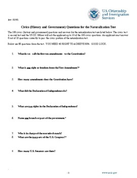 Preview of Civics; U.S. History ICE BREAKER - Excerpt from U.S Citizenship Test /Answer Key