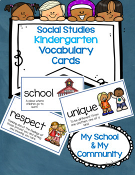 Preview of Social Studies Kindergarten Vocabulary Cards- Passport- My School & My Community