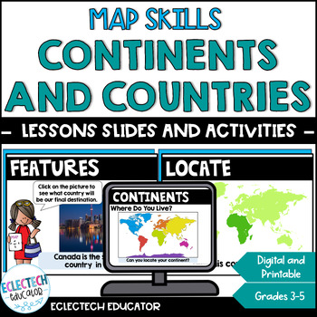 Preview of Seven Continents and Countries World Map and Globe Skills Slides & Activities