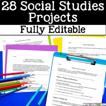 Preview of 28 Fun Social Studies Projects For Any Unit - Fully EDITABLE!