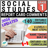 Grade 1 Report Card Comments Ontario + BC SOCIAL STUDIES E