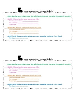 Preview of Social Studies Short Answer Writing Rubric