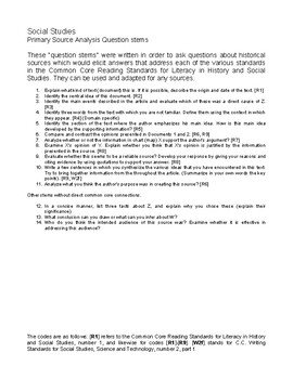 Preview of Social Studies Source Analysis Questions stems