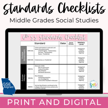 Preview of Social Studies Standards Checklist 6th, 7th, 8th, Grades PRINT and DIGITAL