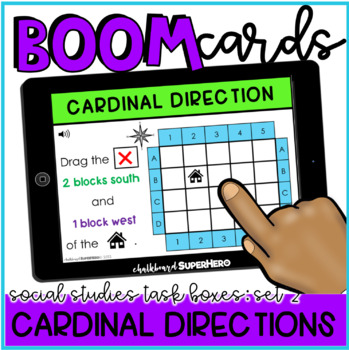 Preview of Social Studies Task Boxes Set 2 Boom Cards™- Cardinal Directions (Where is it?)