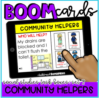 Preview of Social Studies Task Boxes Set 2 Boom Cards™- Community Helpers-Who will help?
