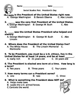 Preview of Social Studies Test EDITABLE  Quiz President's Day
