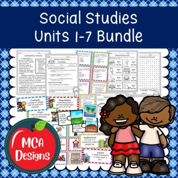 Preview of Social Studies Units 1 to 7 Community, Government, Geography, and Economics