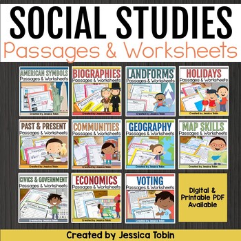 Preview of Social Studies Units 2nd 3rd Grade, Worksheets and Reading Passages Bundle