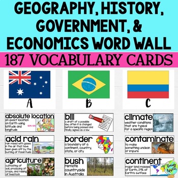Preview of Social Studies Word Wall Vocabulary Cards, Bulletin Board Idea