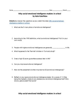 Preview of Social-emotional intelligence in school Youtube Questions Test for Understanding