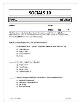 Preview of Socials 10 FINAL REVIEW ASSESSMENT AND ANSWER KEY BUNDLE