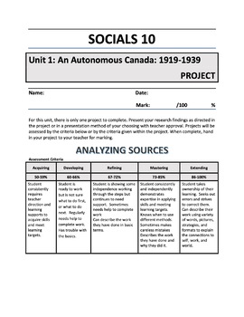 Preview of Socials 10 Unit 1: An Autonomous Canada 1919-1939 INQUIRY PROJECT